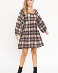 Plaid Balloon Sleeve Midi Dress