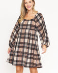 Plaid Balloon Sleeve Midi Dress