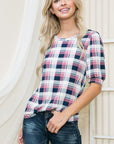 Plaid Puff Sleeve Jersey Top