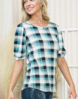 Plaid Puff Sleeve Jersey Top