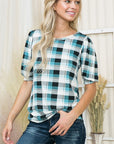 Plaid Puff Sleeve Jersey Top