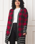 Long Buffalo Plaid Stripe Trim Open Cardigan