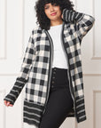 Long Buffalo Plaid Stripe Trim Open Cardigan