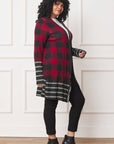 Long Buffalo Plaid Stripe Trim Open Cardigan