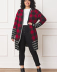 Long Buffalo Plaid Stripe Trim Open Cardigan