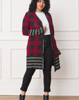 Long Buffalo Plaid Stripe Trim Open Cardigan