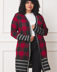 Long Buffalo Plaid Stripe Trim Open Cardigan