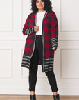 Long Buffalo Plaid Stripe Trim Open Cardigan