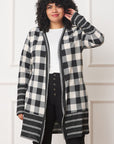 Long Buffalo Plaid Stripe Trim Open Cardigan