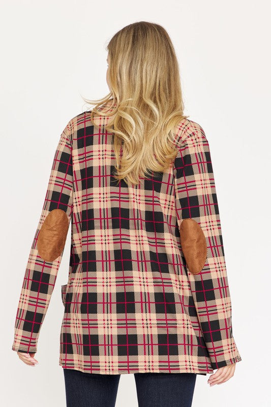 PLUS Plaid Contrast Elbow Patch Cardigan