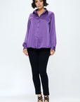 Renee C. Stretch Satin V neck Blouse with Collar