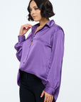 Renee C. Stretch Satin V neck Blouse with Collar