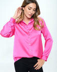 Renee C. Stretch Satin V neck Blouse with Collar