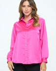 Renee C. Stretch Satin V neck Blouse with Collar