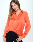 Renee C. Stretch Satin V neck Blouse with Collar