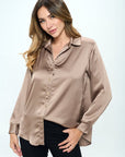 Renee C. Stretch Satin V neck Blouse with Collar