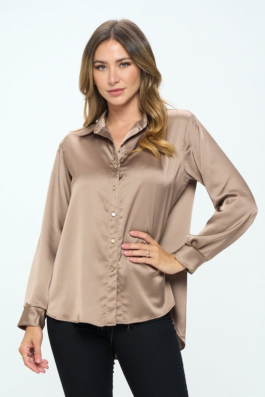 Renee C. Stretch Satin V neck Blouse with Collar