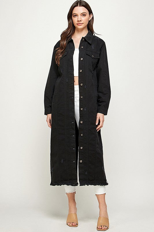 Women's Long Denim Jacket with Distressing - Online Only