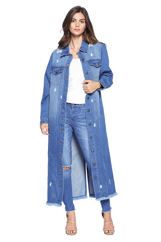 Women's Long Denim Jacket with Distressing - Online Only