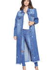 Women's Long Denim Jacket with Distressing - Online Only