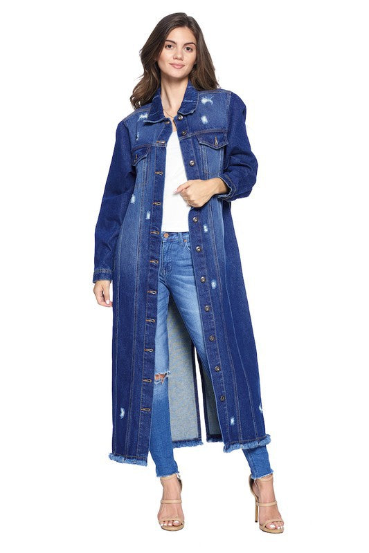 Women's Long Denim Jacket with Distressing - Online Only