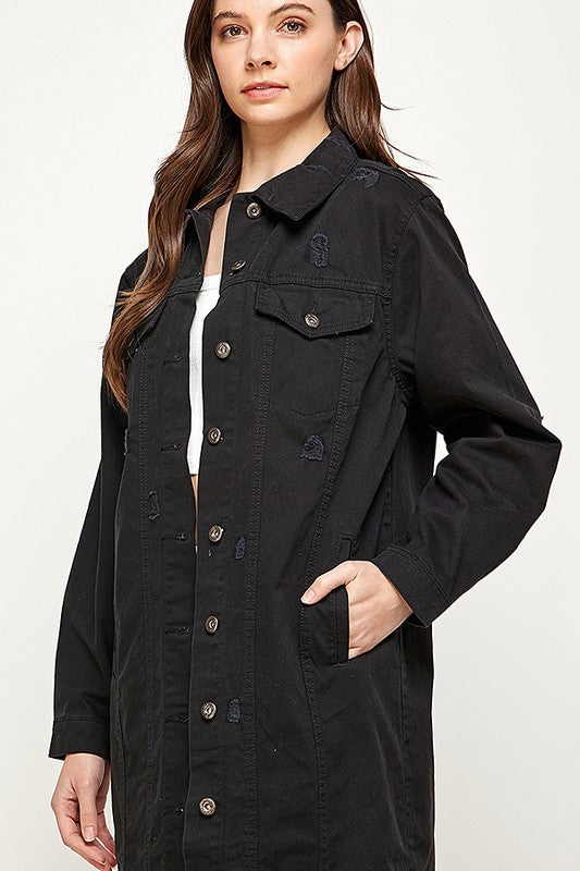 Women's Long Denim Jacket with Distressing - Online Only