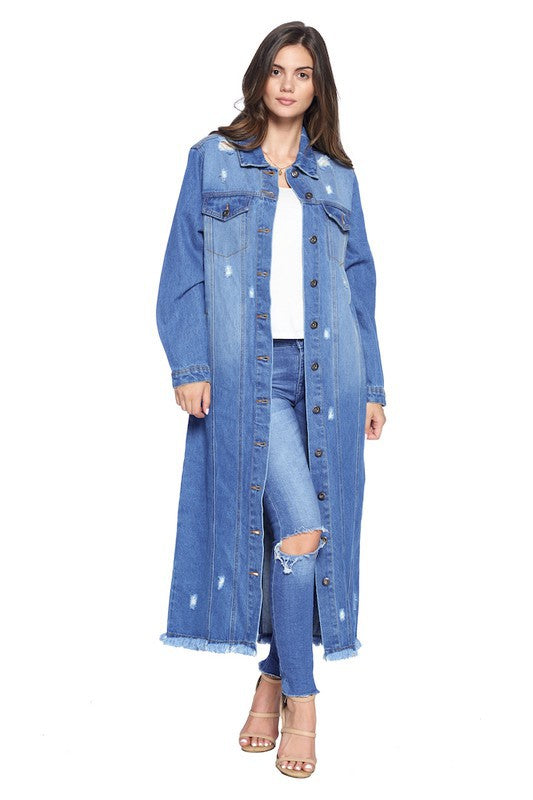 Women's Long Denim Jacket with Distressing - Online Only