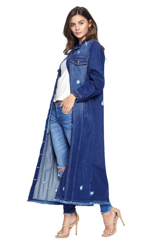 Women's Long Denim Jacket with Distressing - Online Only