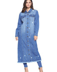 Women's Long Denim Jacket with Distressing - Online Only