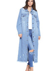 Women's Long Denim Jacket with Distressing - Online Only