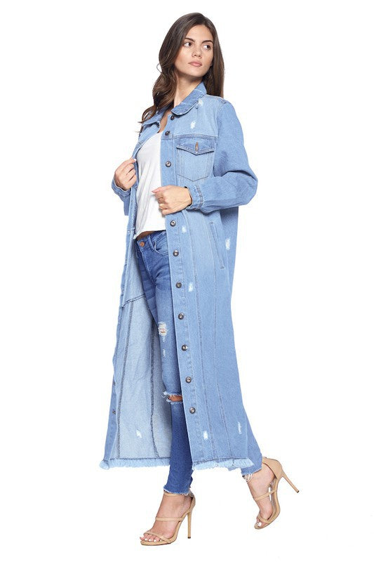 Women's Long Denim Jacket with Distressing - Online Only