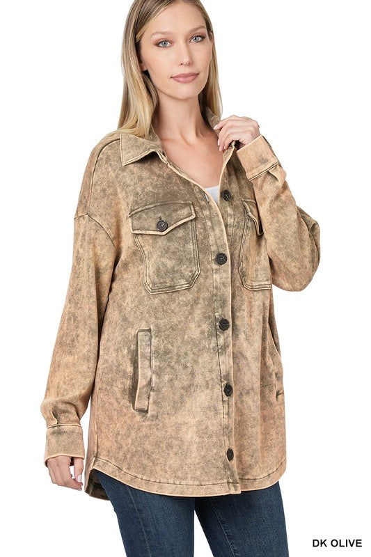 Zenana Acid Wash Shacket  - Online Only