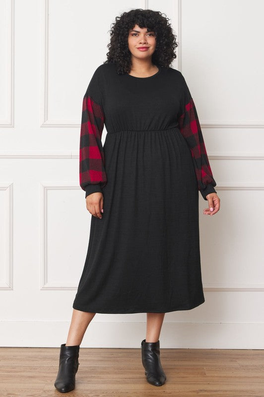 PLUS Knit Bishop Sleeve Tea Length Dress