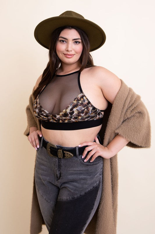 Leto Accessories Plus Size Mesh Print High Neck Bralette