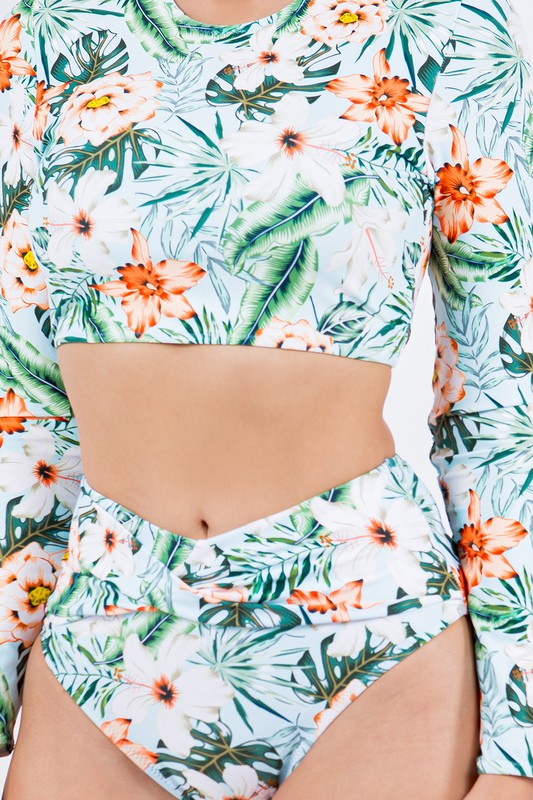 Two Piece Floral Prints with Long Sleeve Bikini
