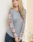 Textured Camo. Print Contrasted Sweater Knit Top