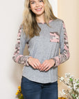 Textured Camo. Print Contrasted Sweater Knit Top