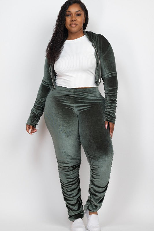 Women Stylish Plus Size Velour Ruched Zip Up Jacket and Stacked