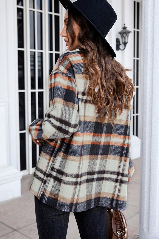 Geometric Plaid Print Pocketed Shirt for Women