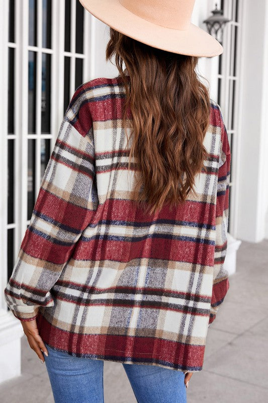 Geometric Plaid Print Pocketed Shirt for Women