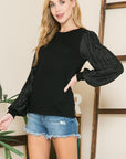 Pleated Sleeve Crew Neck Sweater