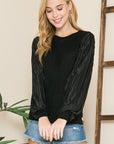 Pleated Sleeve Crew Neck Sweater