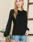 Pleated Sleeve Crew Neck Sweater