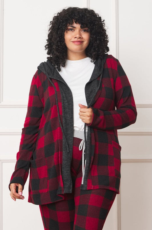 Plus Buffalo Plaid Hooded Cardigan