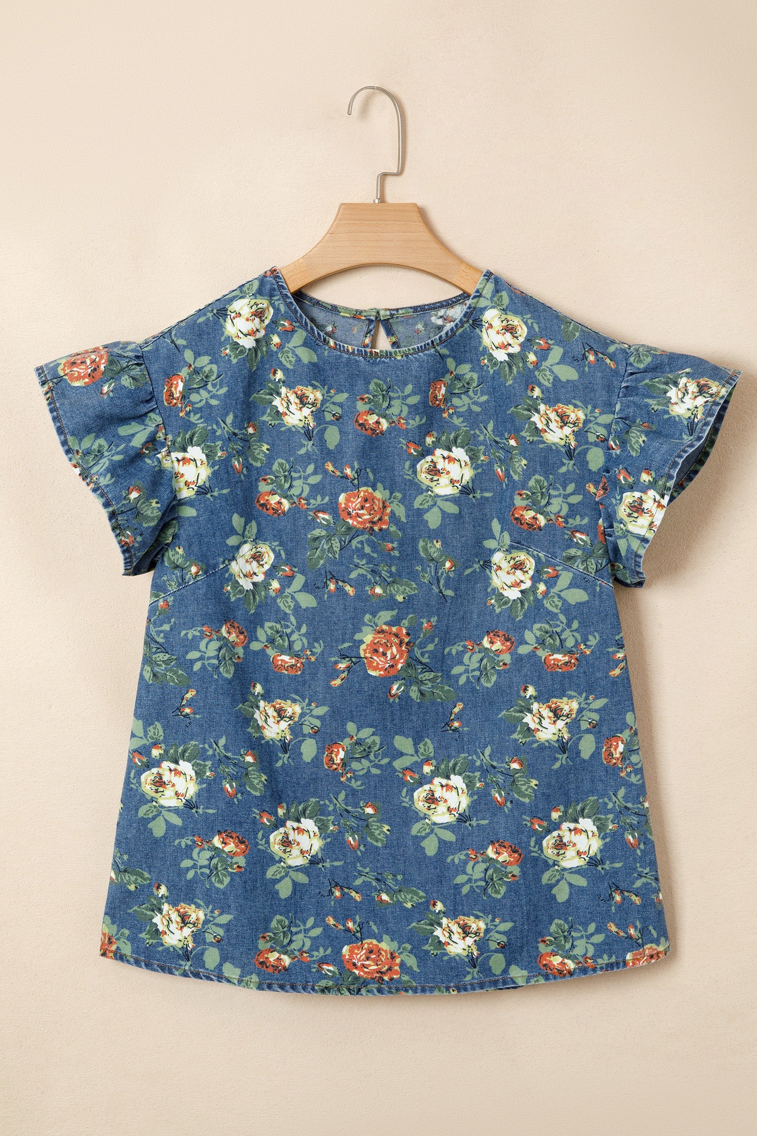 Floral Denim Ruffle Short Sleeve Top