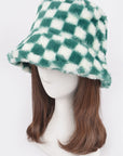 Checker Print Faux Fur Bucket Hat