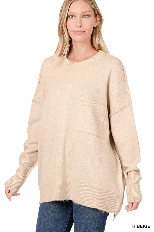 Zenana Melange Hi-Low Pocket Sweater - Online Only
