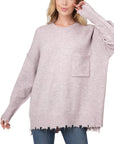 Zenana Distressed Melange Oversized Sweater - Online Only