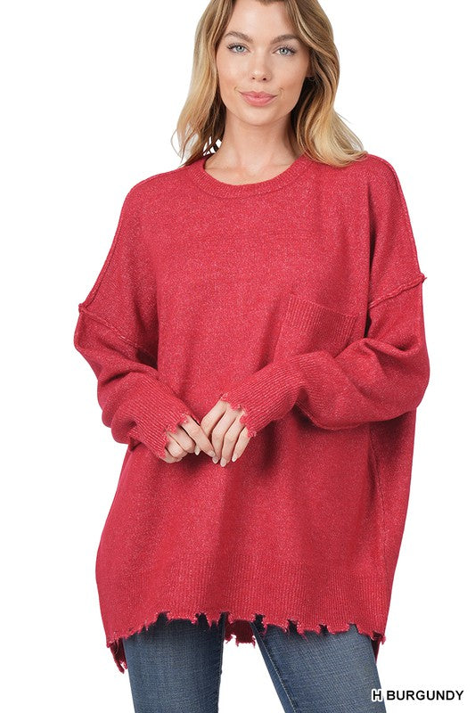 Zenana Distressed Melange Oversized Sweater - Online Only