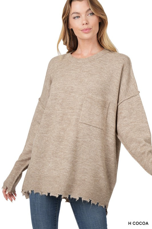 Zenana Distressed Melange Oversized Sweater - Online Only